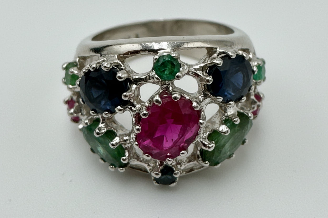 Vintage Sterling Multi-Stone Cluster Ring – Colorful Statement Ring (Size 7)