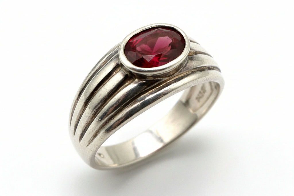 Sterling Silver Red Cabochon Ring – Minimalist Bezel Set Stone Ring, Size 7