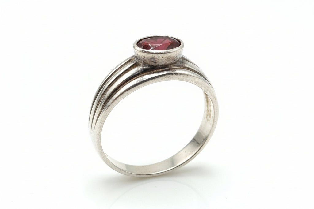 Sterling Silver Red Cabochon Ring – Minimalist Bezel Set Stone Ring, Size 7