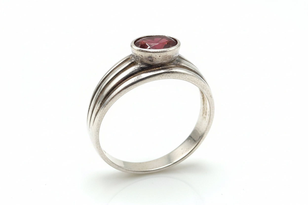 Sterling Silver Red Cabochon Ring – Minimalist Bezel Set Stone Ring, Size 7