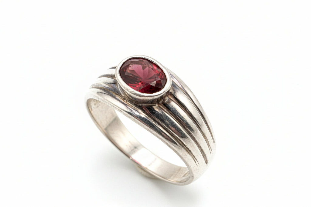 Sterling Silver Red Cabochon Ring – Minimalist Bezel Set Stone Ring, Size 7