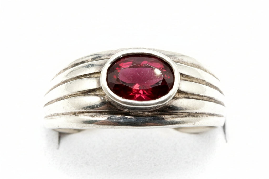 Sterling Silver Red Cabochon Ring – Minimalist Bezel Set Stone Ring, Size 7