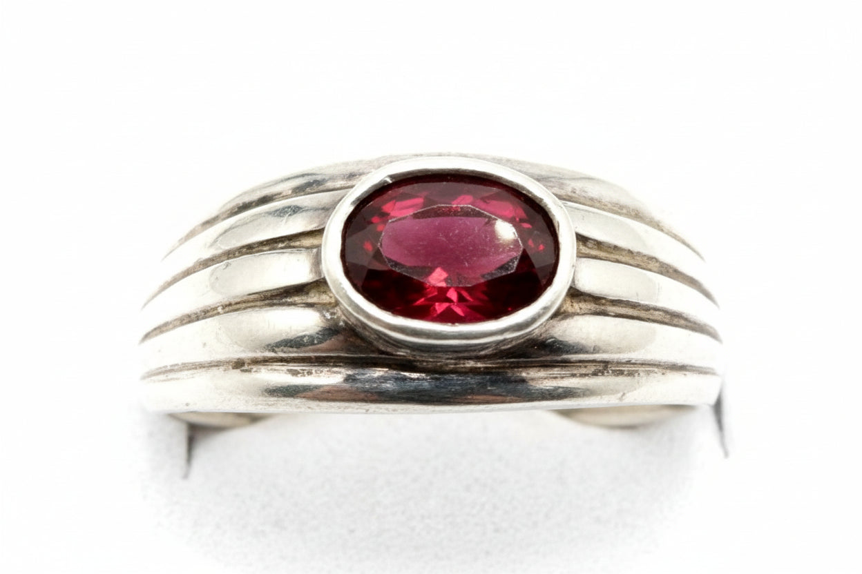 Sterling Silver Red Cabochon Ring – Minimalist Bezel Set Stone Ring, Size 7