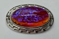 Vintage Sterling Silver Carnelian Glass Brooch – Oval Cabochon with Greek Key Frame