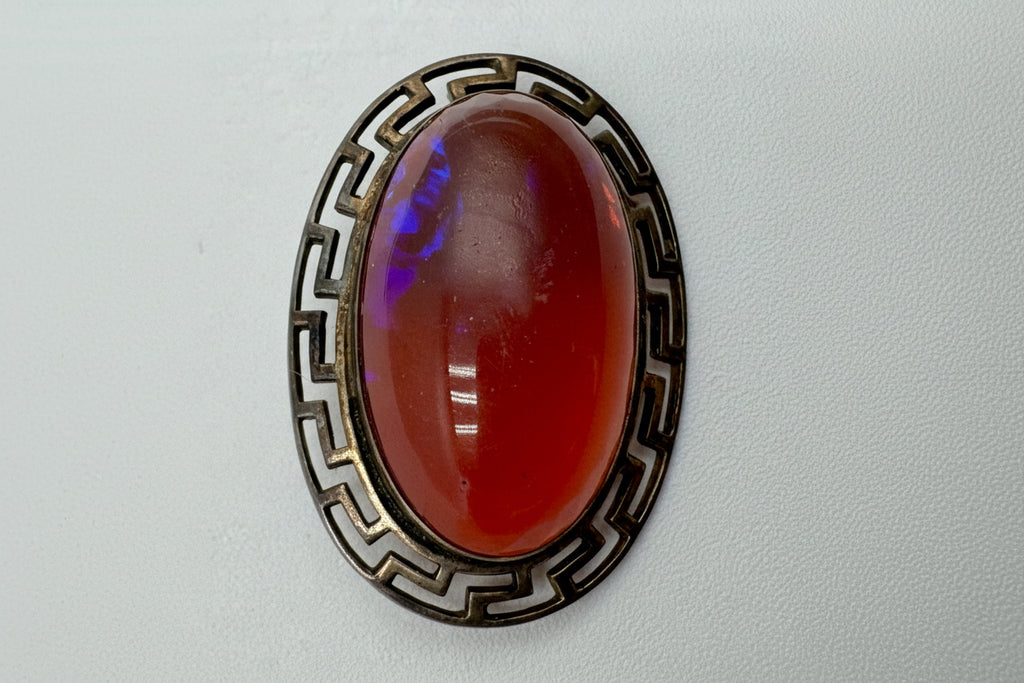 Vintage Sterling Silver Carnelian Glass Brooch – Oval Cabochon with Greek Key Frame