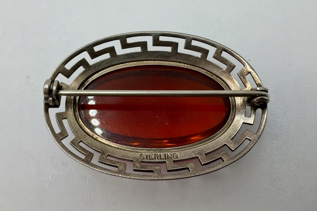 Vintage Sterling Silver Carnelian Glass Brooch – Oval Cabochon with Greek Key Frame