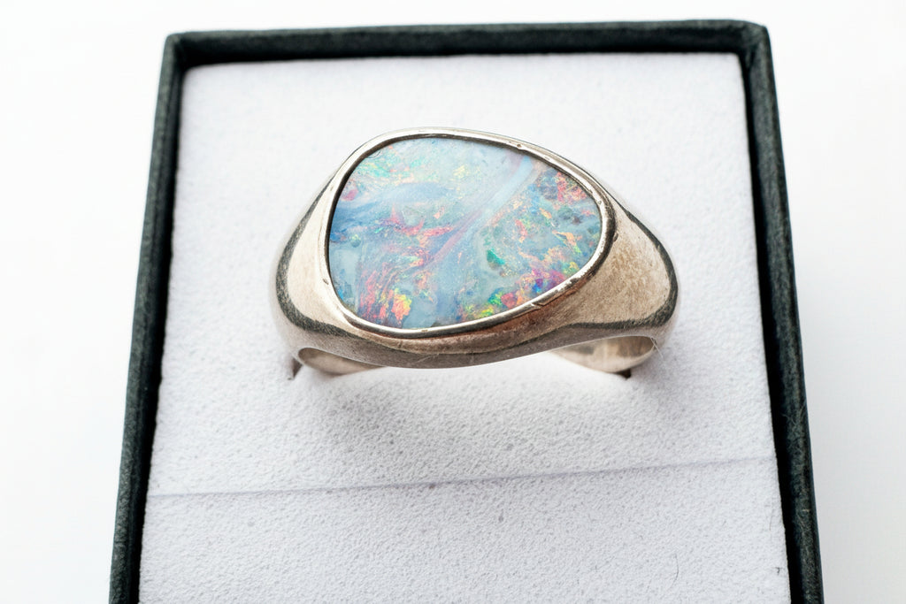 Vintage Sterling Silver Opal Ring – Large Iridescent Opal Doublet Signet Style Size 8