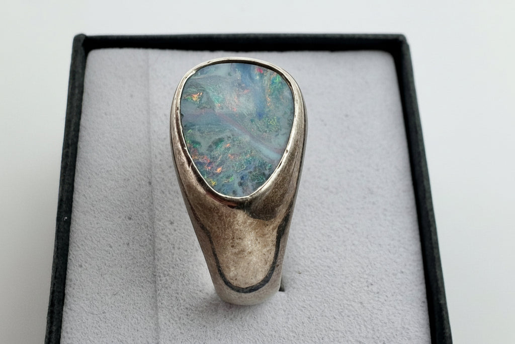 Vintage Sterling Silver Opal Ring – Large Iridescent Opal Doublet Signet Style Size 8