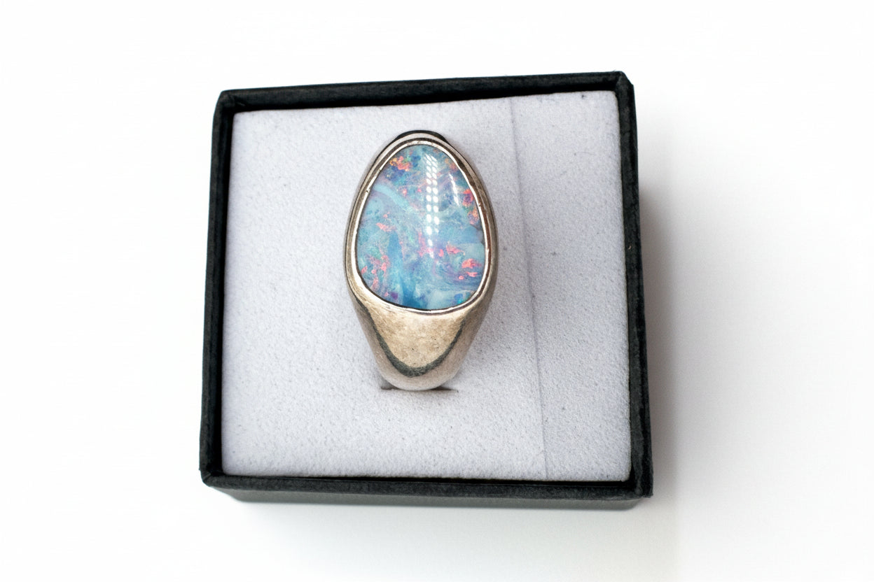 Vintage Sterling Silver Opal Ring – Large Iridescent Opal Doublet Signet Style Size 8