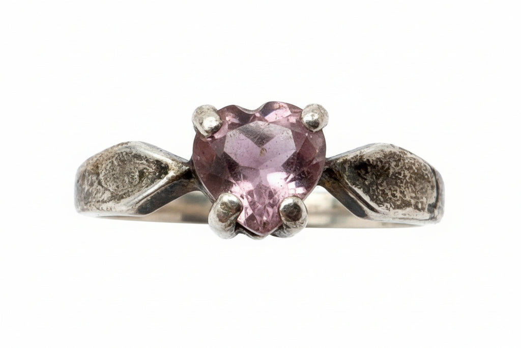 Vintage Sterling Silver Heart Ring – Natural Ruby/Garnet Tone Stone Size 7