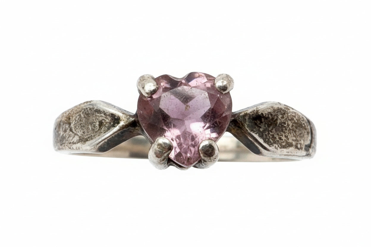 Vintage Sterling Silver Heart Ring – Natural Ruby/Garnet Tone Stone Size 7