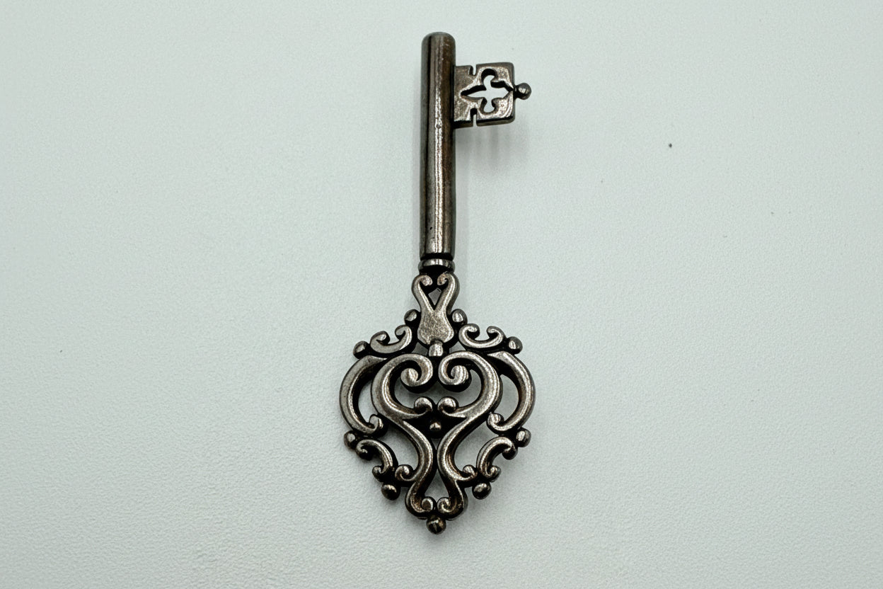 James Avery Sterling Silver Ornate Key Brooch Pin Vintage Scroll Heart Design