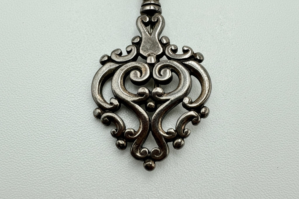 James Avery Sterling Silver Ornate Key Brooch Pin Vintage Scroll Heart Design