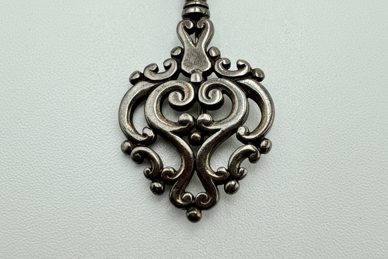 James Avery Sterling Silver Ornate Key Brooch Pin Vintage Scroll Heart Design