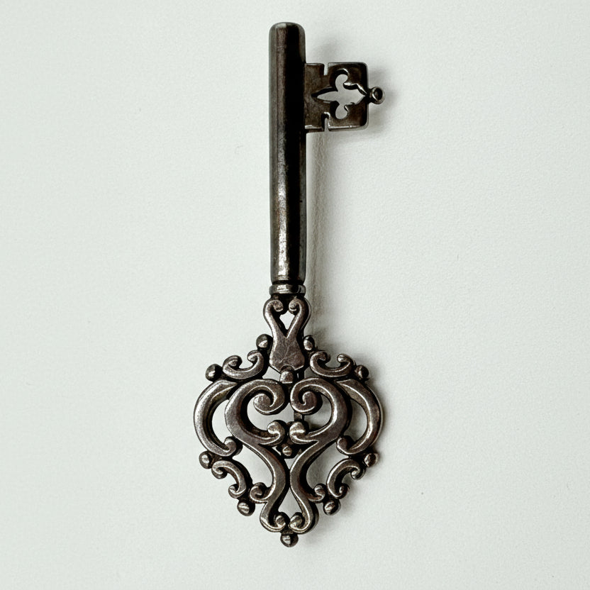 James Avery Sterling Silver Ornate Key Brooch Pin Vintage Scroll Heart Design
