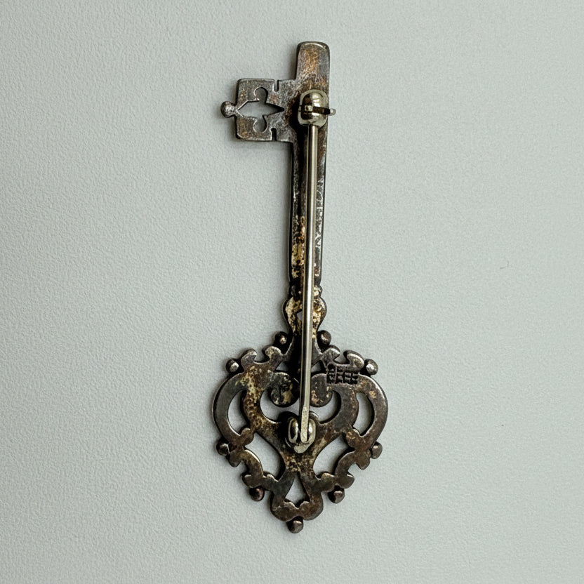 James Avery Sterling Silver Ornate Key Brooch Pin Vintage Scroll Heart Design
