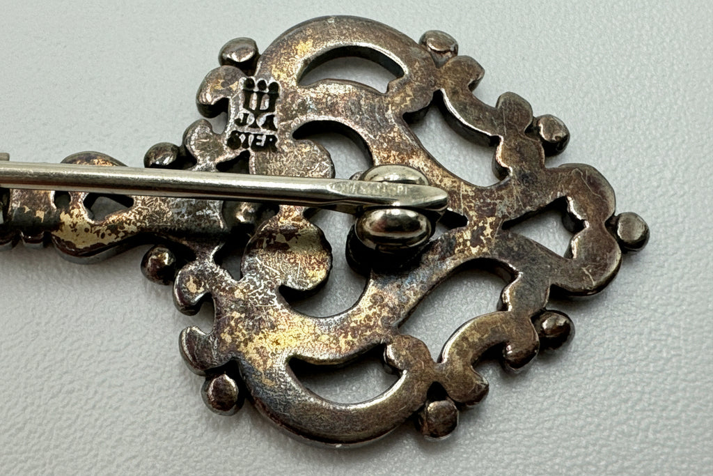 James Avery Sterling Silver Ornate Key Brooch Pin Vintage Scroll Heart Design