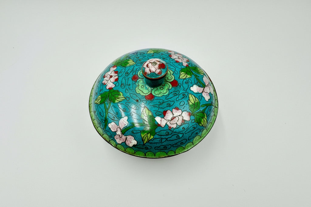 Vintage Cloisonné Floral Trinket Bowl – Vibrant Turquoise Lidded Dish