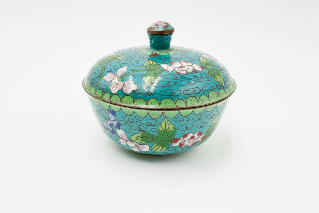 Vintage Cloisonné Floral Trinket Bowl – Vibrant Turquoise Lidded Dish