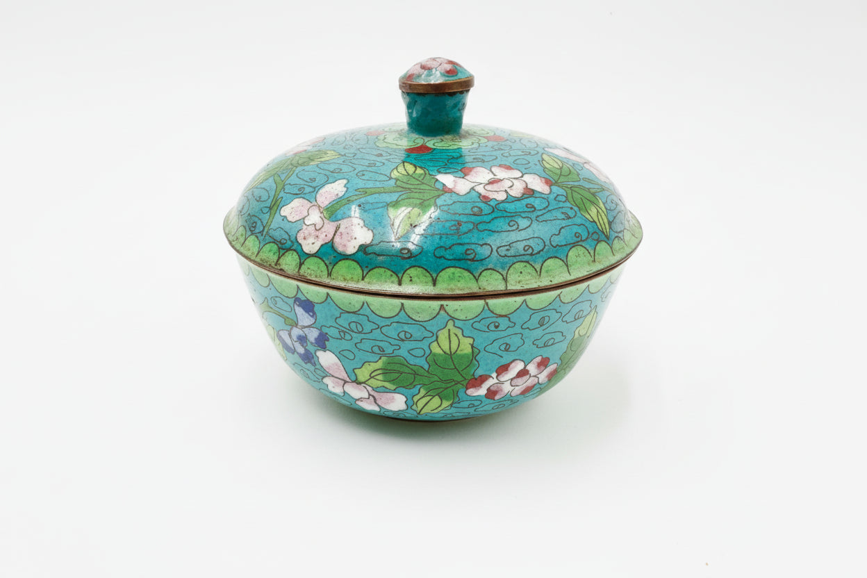 Vintage Cloisonné Floral Trinket Bowl – Vibrant Turquoise Lidded Dish