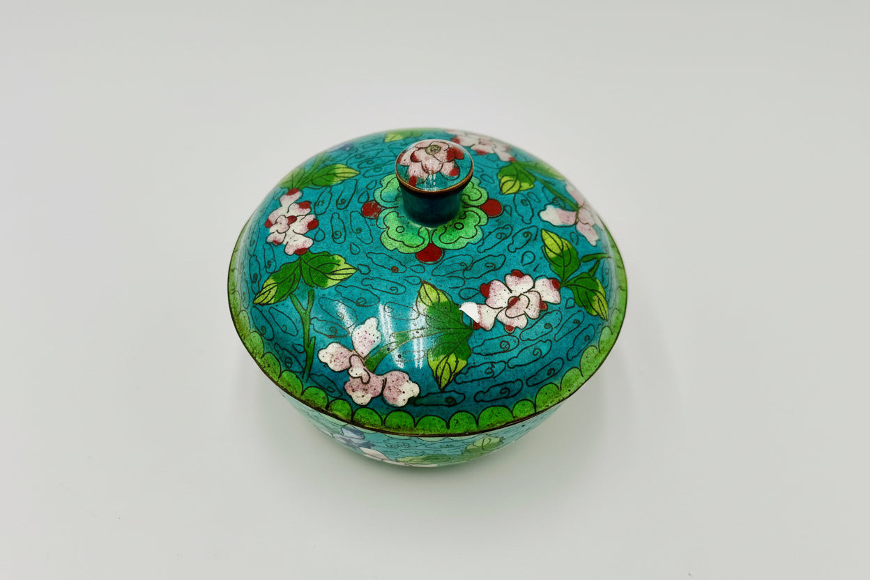 Vintage Cloisonné Floral Trinket Bowl – Vibrant Turquoise Lidded Dish