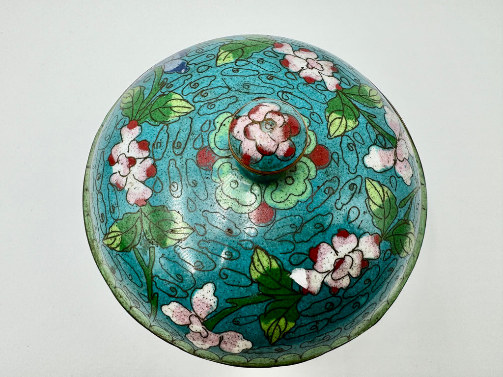 Vintage Cloisonné Floral Trinket Bowl – Vibrant Turquoise Lidded Dish
