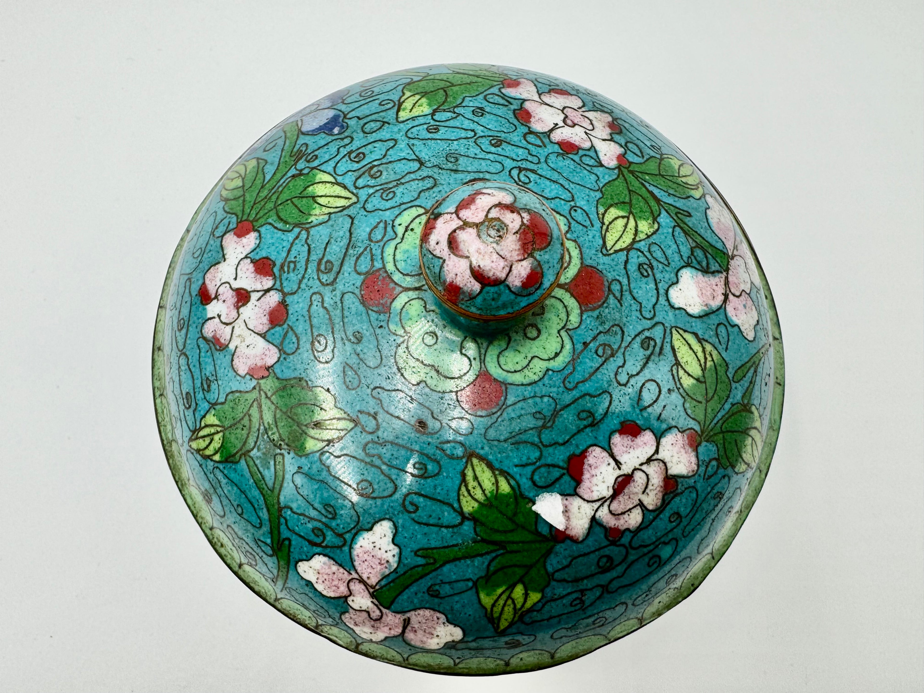 Vintage Cloisonné Floral Trinket Bowl – Vibrant Turquoise Lidded Dish