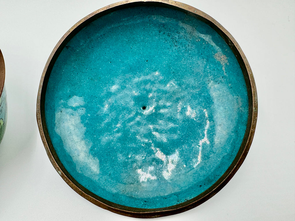 Vintage Cloisonné Floral Trinket Bowl – Vibrant Turquoise Lidded Dish