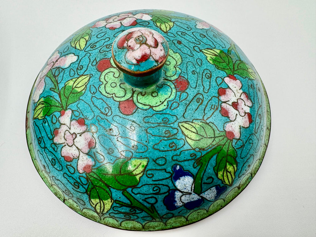 Vintage Cloisonné Floral Trinket Bowl – Vibrant Turquoise Lidded Dish