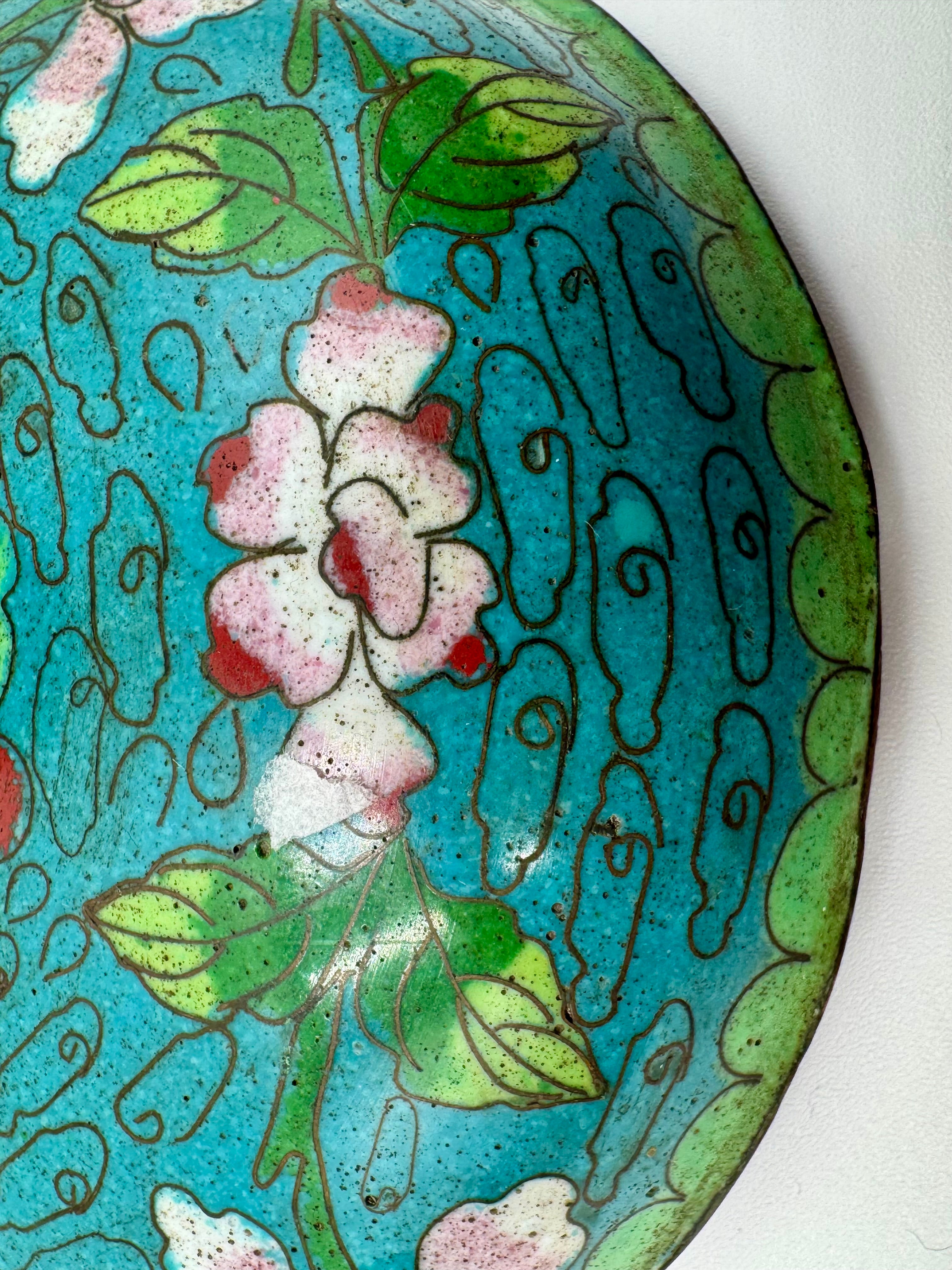 Vintage Cloisonné Floral Trinket Bowl – Vibrant Turquoise Lidded Dish