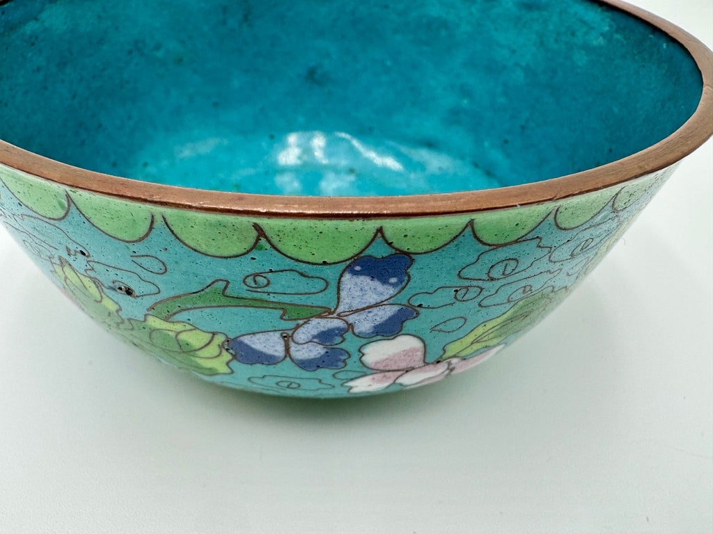 Vintage Cloisonné Floral Trinket Bowl – Vibrant Turquoise Lidded Dish