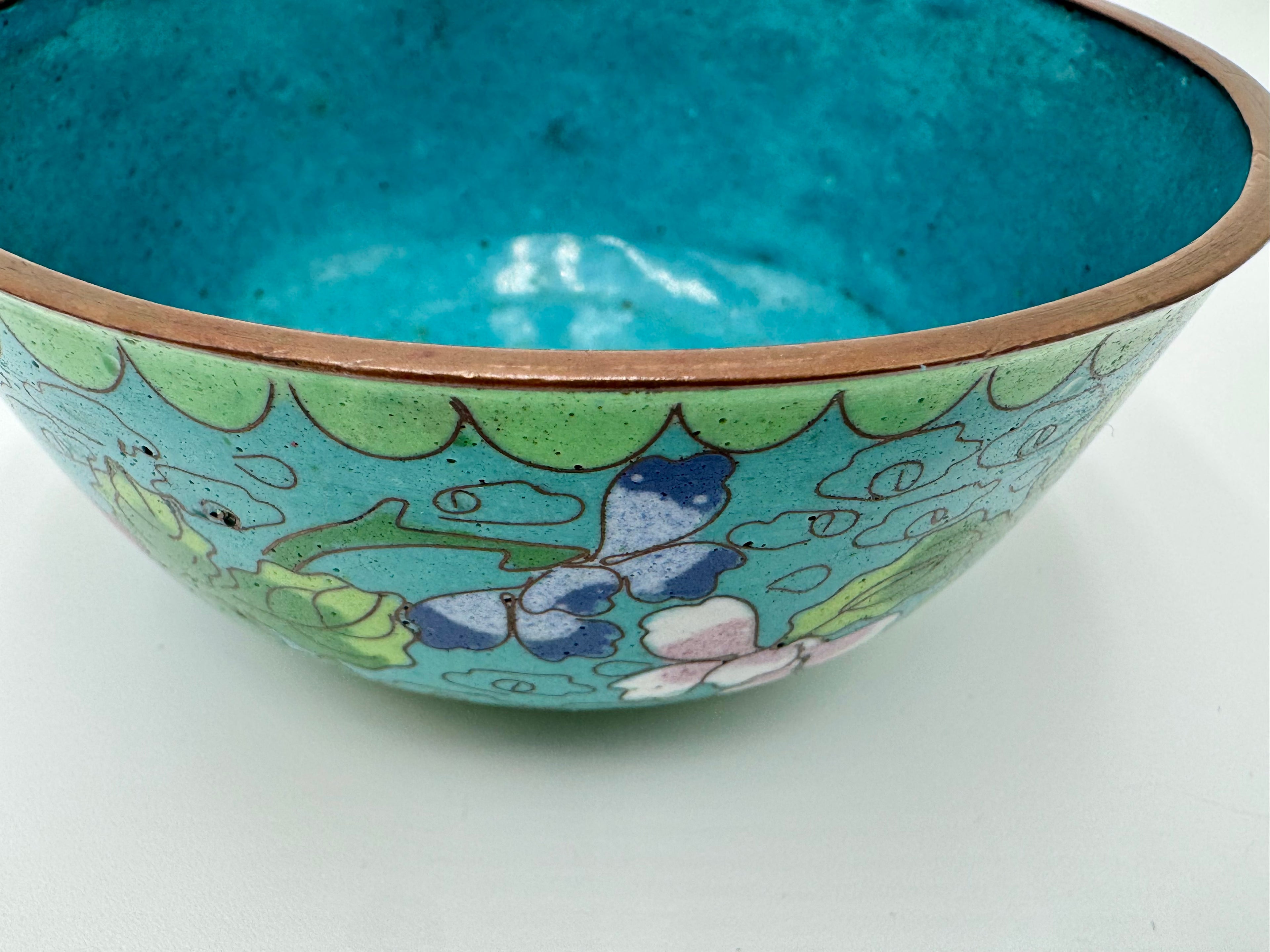 Vintage Cloisonné Floral Trinket Bowl – Vibrant Turquoise Lidded Dish