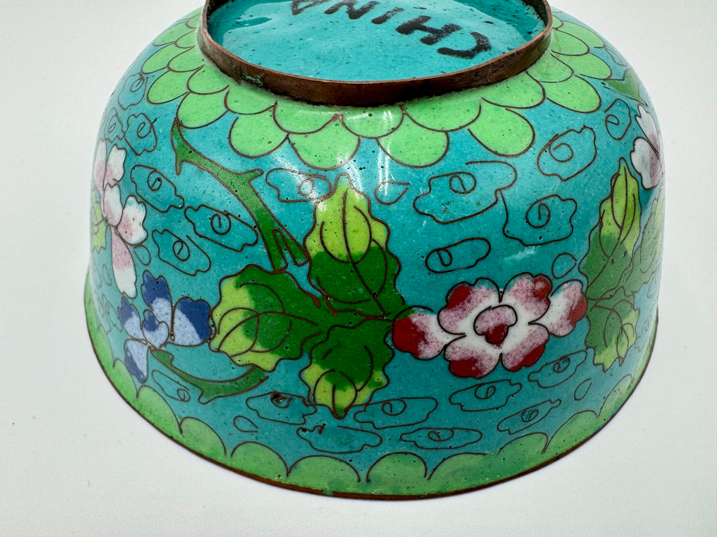 Vintage Cloisonné Floral Trinket Bowl – Vibrant Turquoise Lidded Dish