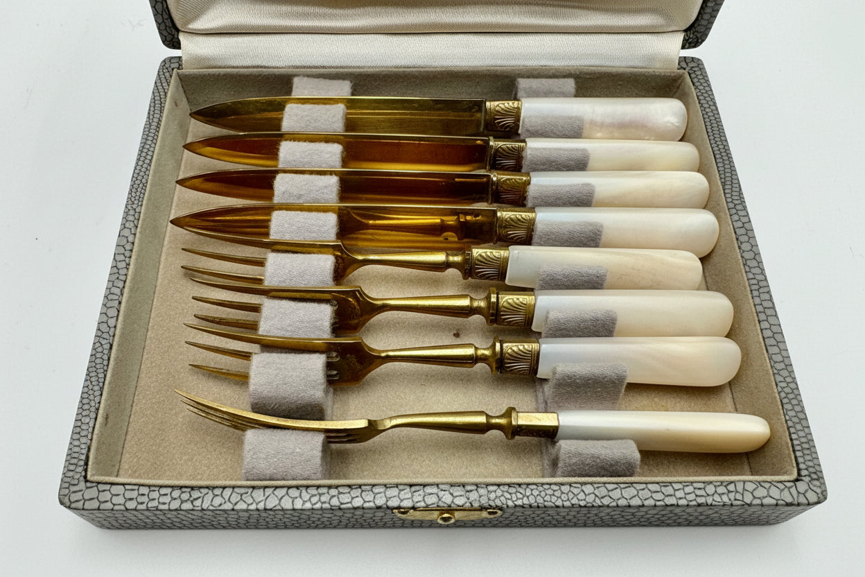 Vintage Neiman Marcus Fish Knife & Fork Set – Mother of Pearl Handles, Made in France, Original Box