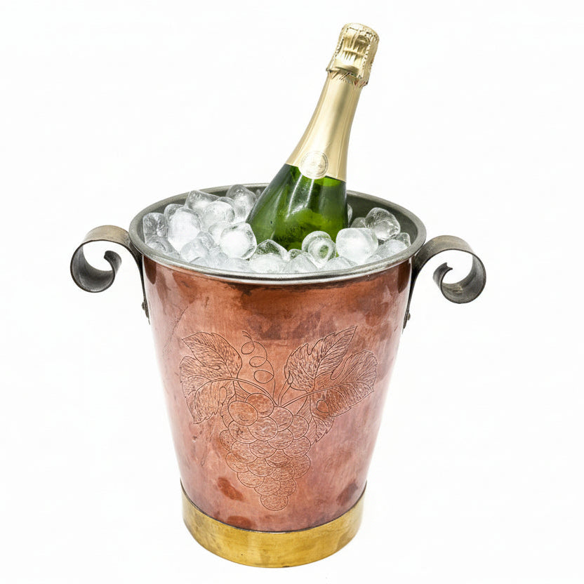 Vintage Handcrafted Copper Champagne Bucket with Grape Motif – German “Handarbeit” Wine Cooler