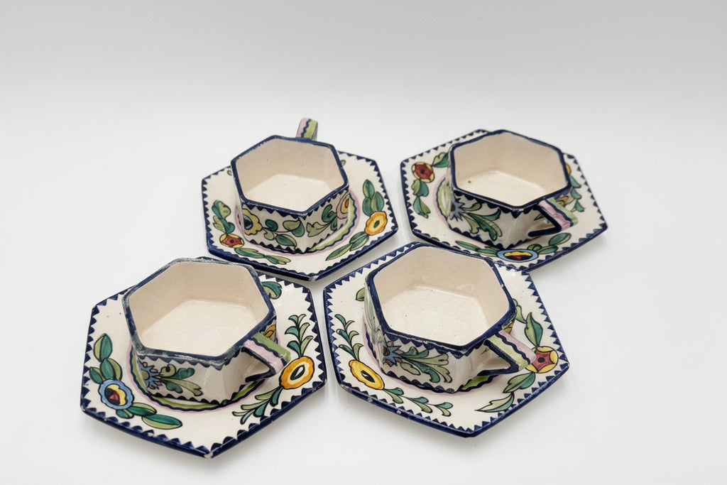 Funky Italian Hand-Painted Espresso Cup & Saucer Set (4) | S.A.C.A. Geometric Floral