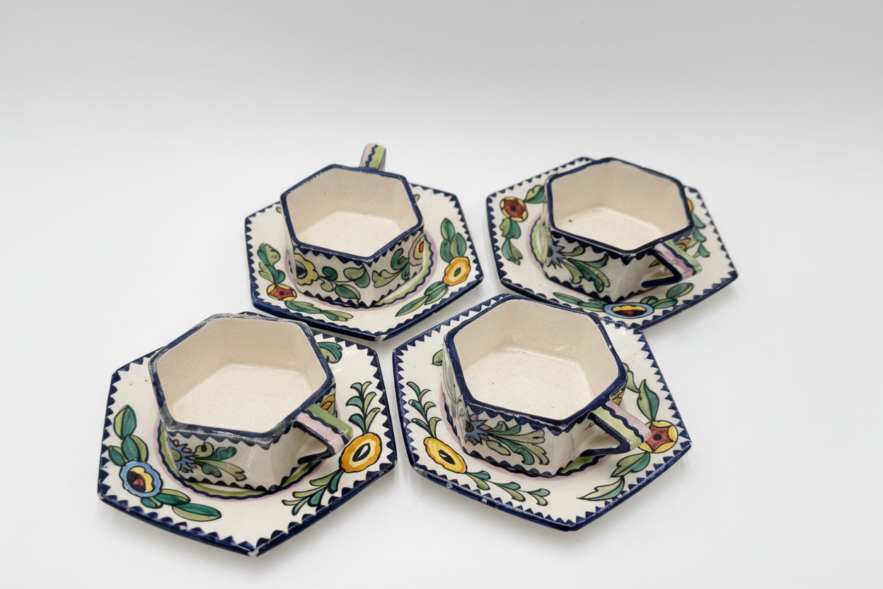 Funky Italian Hand-Painted Espresso Cup & Saucer Set (4) | S.A.C.A. Geometric Floral