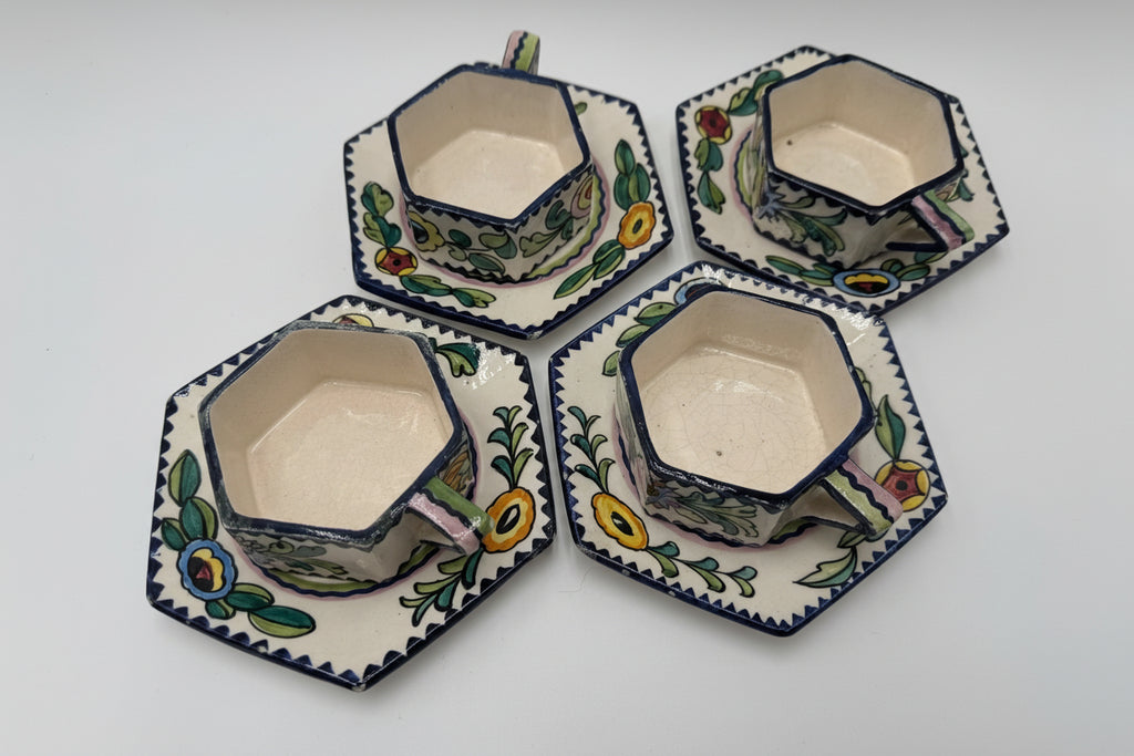 Funky Italian Hand-Painted Espresso Cup & Saucer Set (4) | S.A.C.A. Geometric Floral