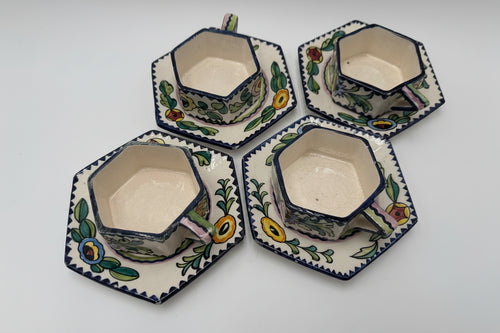 Funky Italian Hand-Painted Espresso Cup & Saucer Set (4) | S.A.C.A. Geometric Floral
