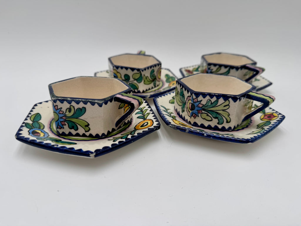 Funky Italian Hand-Painted Espresso Cup & Saucer Set (4) | S.A.C.A. Geometric Floral