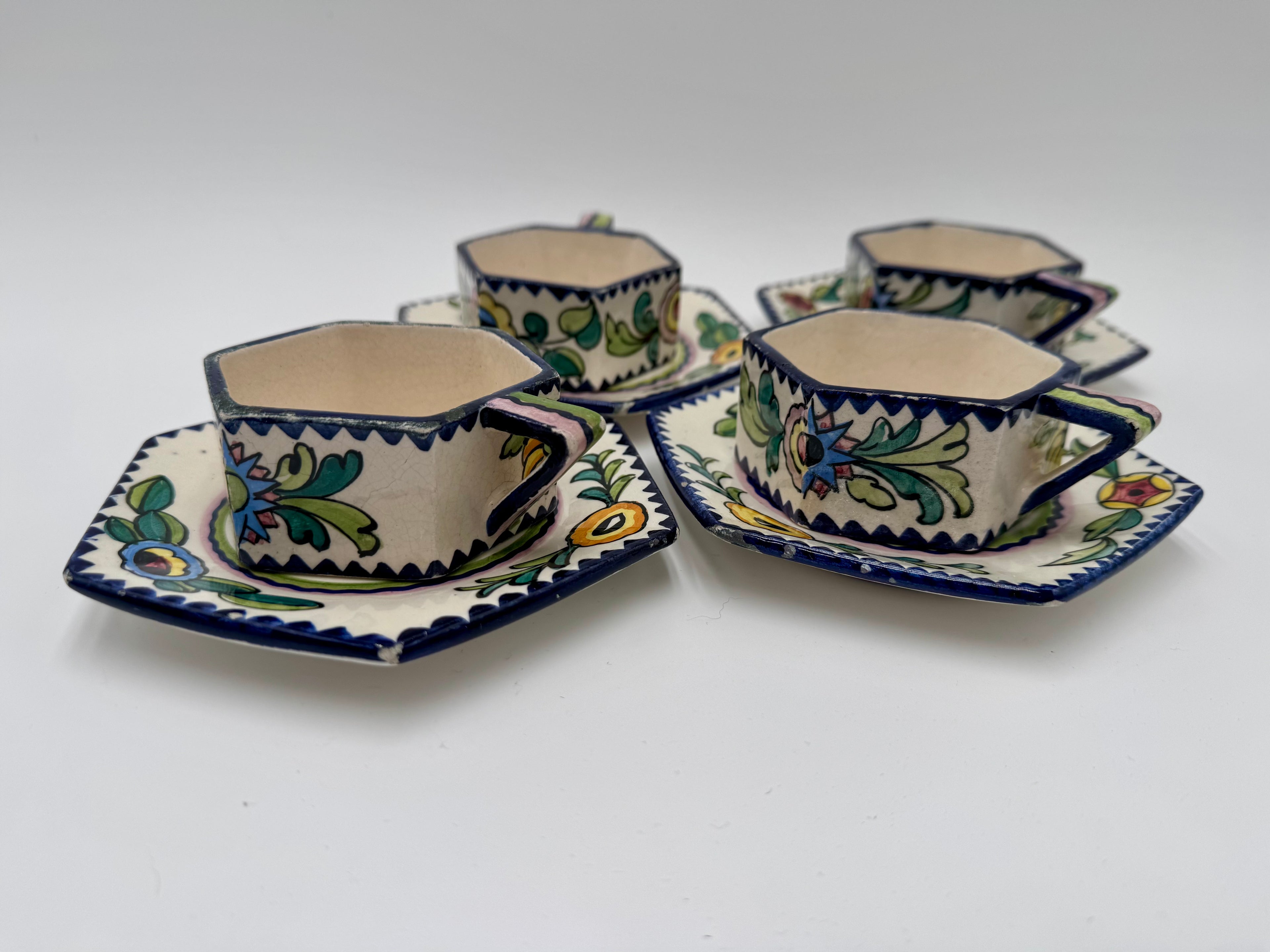 Funky Italian Hand-Painted Espresso Cup & Saucer Set (4) | S.A.C.A. Geometric Floral