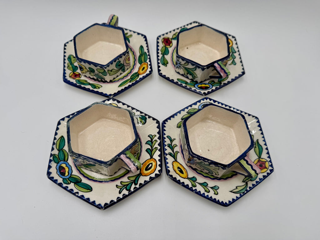 Funky Italian Hand-Painted Espresso Cup & Saucer Set (4) | S.A.C.A. Geometric Floral