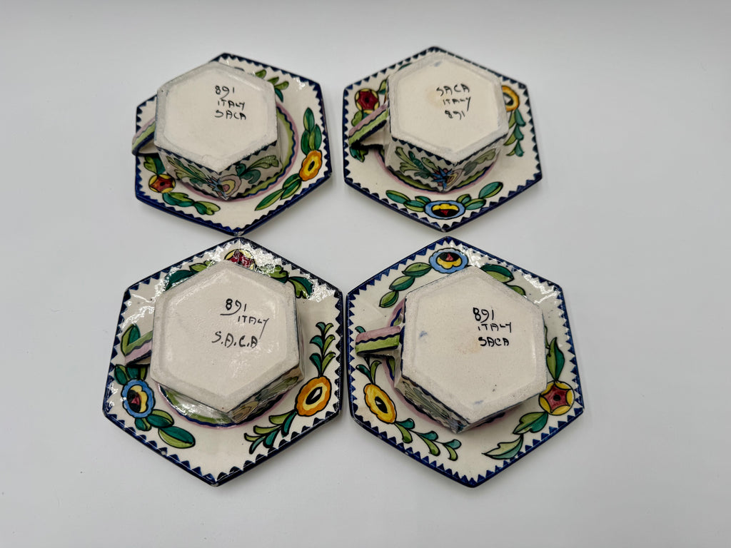 Funky Italian Hand-Painted Espresso Cup & Saucer Set (4) | S.A.C.A. Geometric Floral