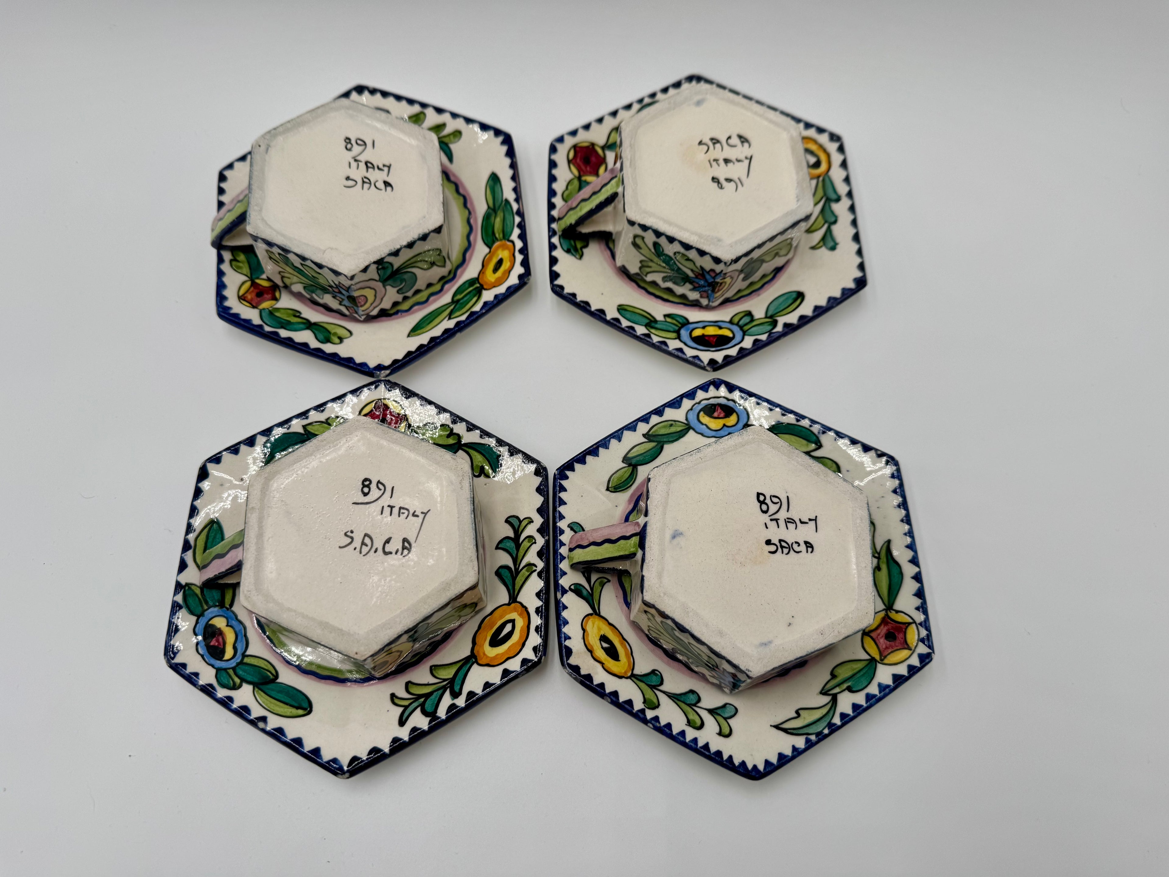 Funky Italian Hand-Painted Espresso Cup & Saucer Set (4) | S.A.C.A. Geometric Floral