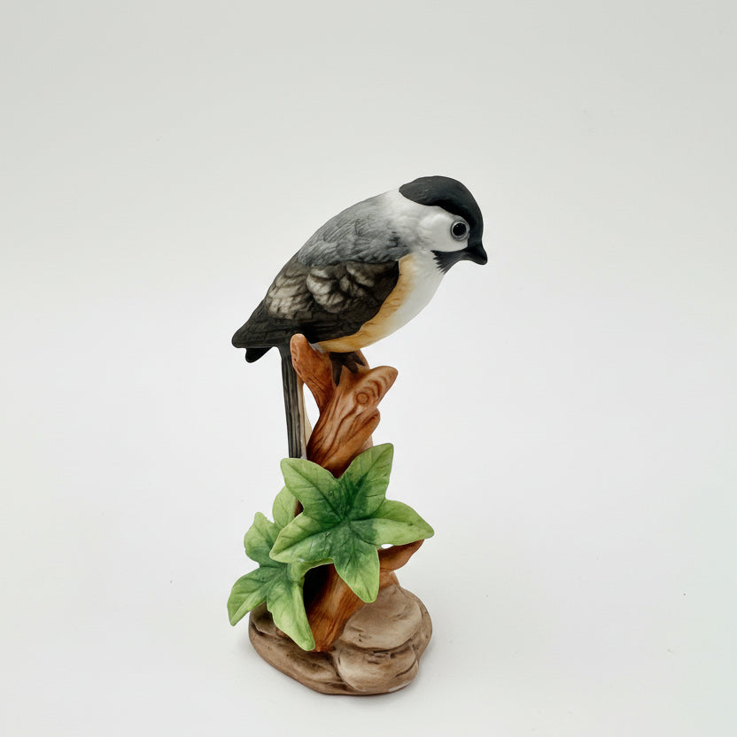 Charming Chickadee Bird Figurine on Branch | Hand-Painted Woodland Decor