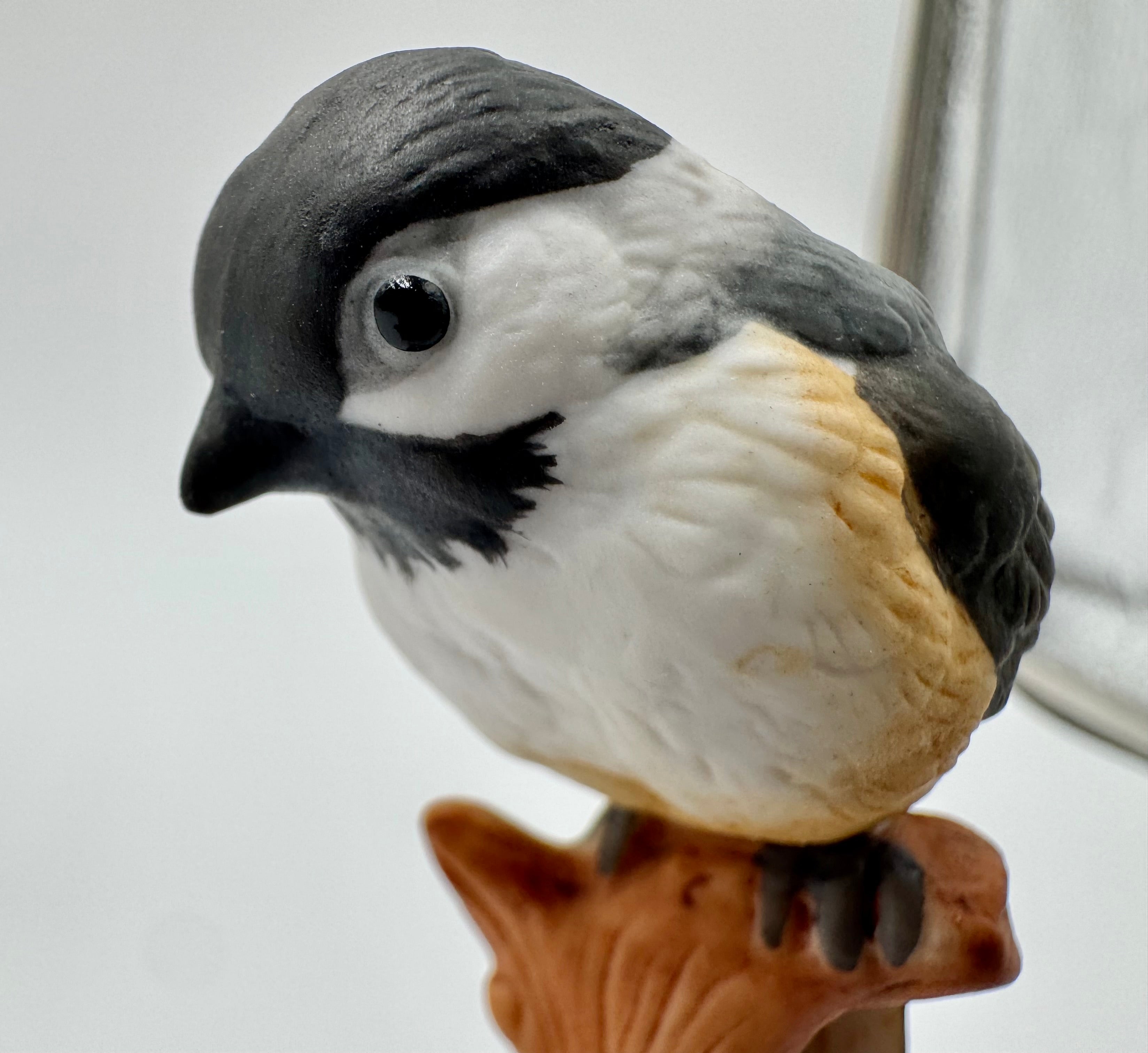 Charming Chickadee Bird Figurine on Branch | Hand-Painted Woodland Decor