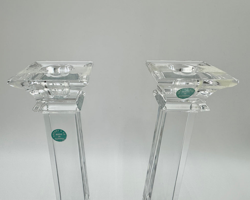 Tiffany & Co Crystal Candlesticks (Pair) | 10” Modern Column Candles
