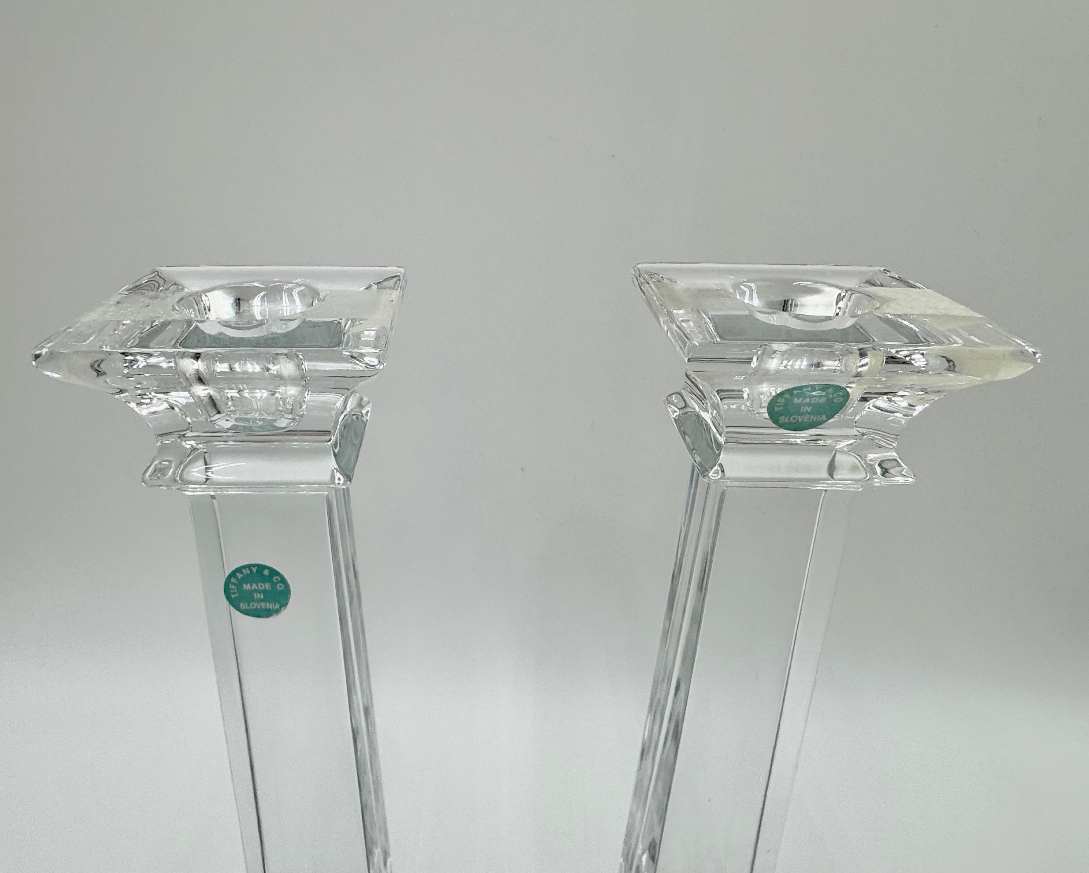 Tiffany & Co Crystal Candlesticks (Pair) | 10” Modern Column Candles