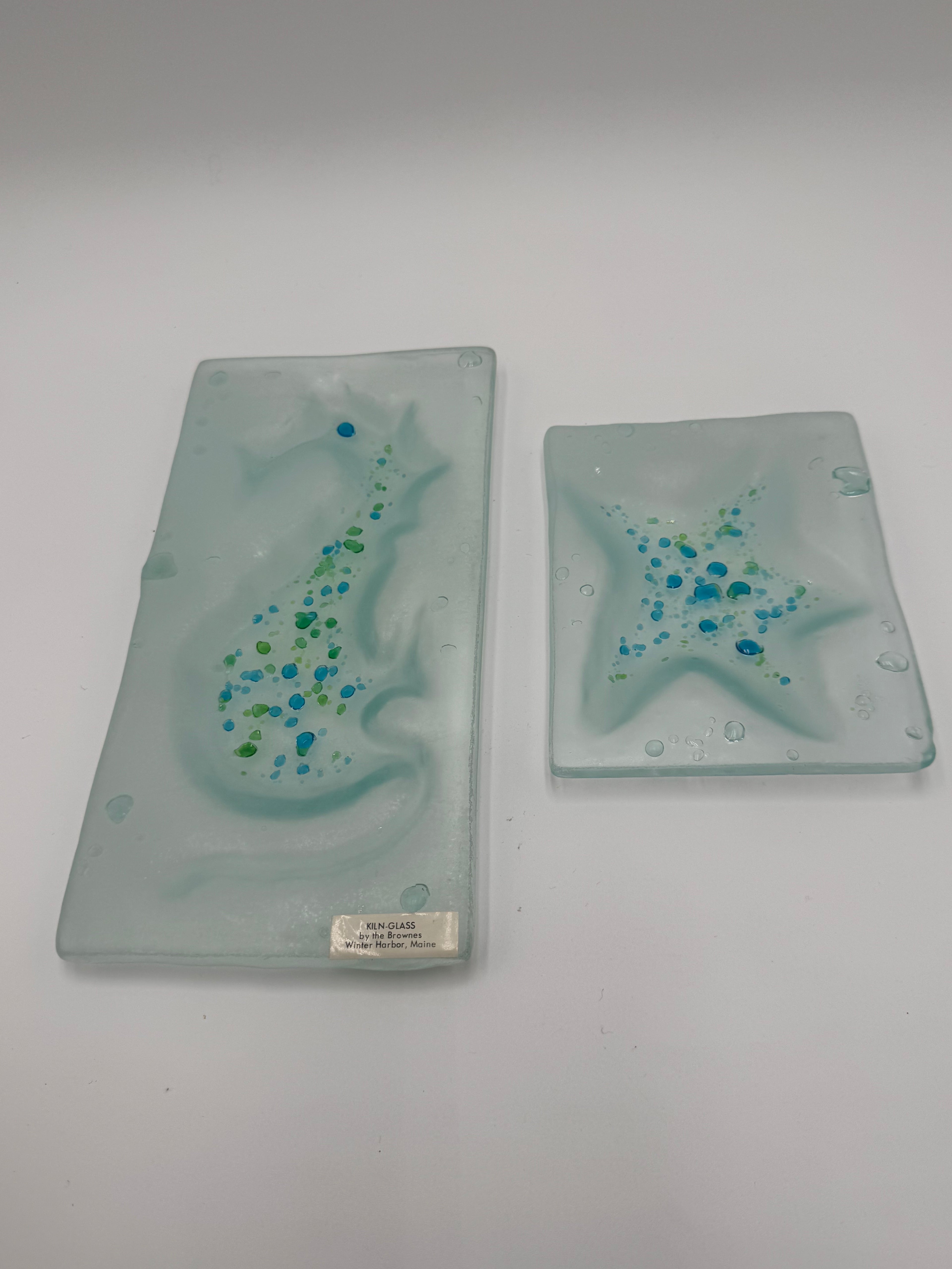 Handmade Coastal Kiln Glass Set | Starfish & Seahorse Dishes Maine Art Glass Decor