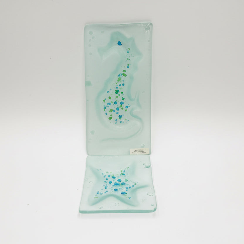 Handmade Coastal Kiln Glass Set | Starfish & Seahorse Dishes Maine Art Glass Decor